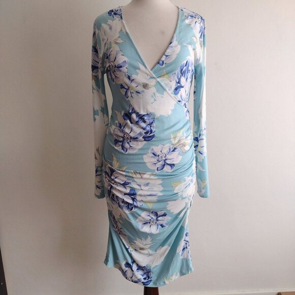 Yumi Kim Floral Maternity 5th Ave Dress L Wanderlust Jade Sky Blue Ruched Midi - Picture 2 of 11